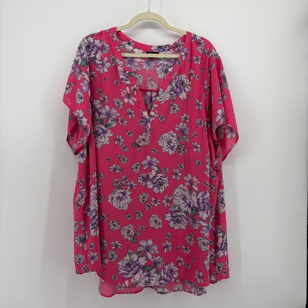 Torrid Womens 4 Pink Floral Split Neck Flutter Sleeve Georgette Blouse Top